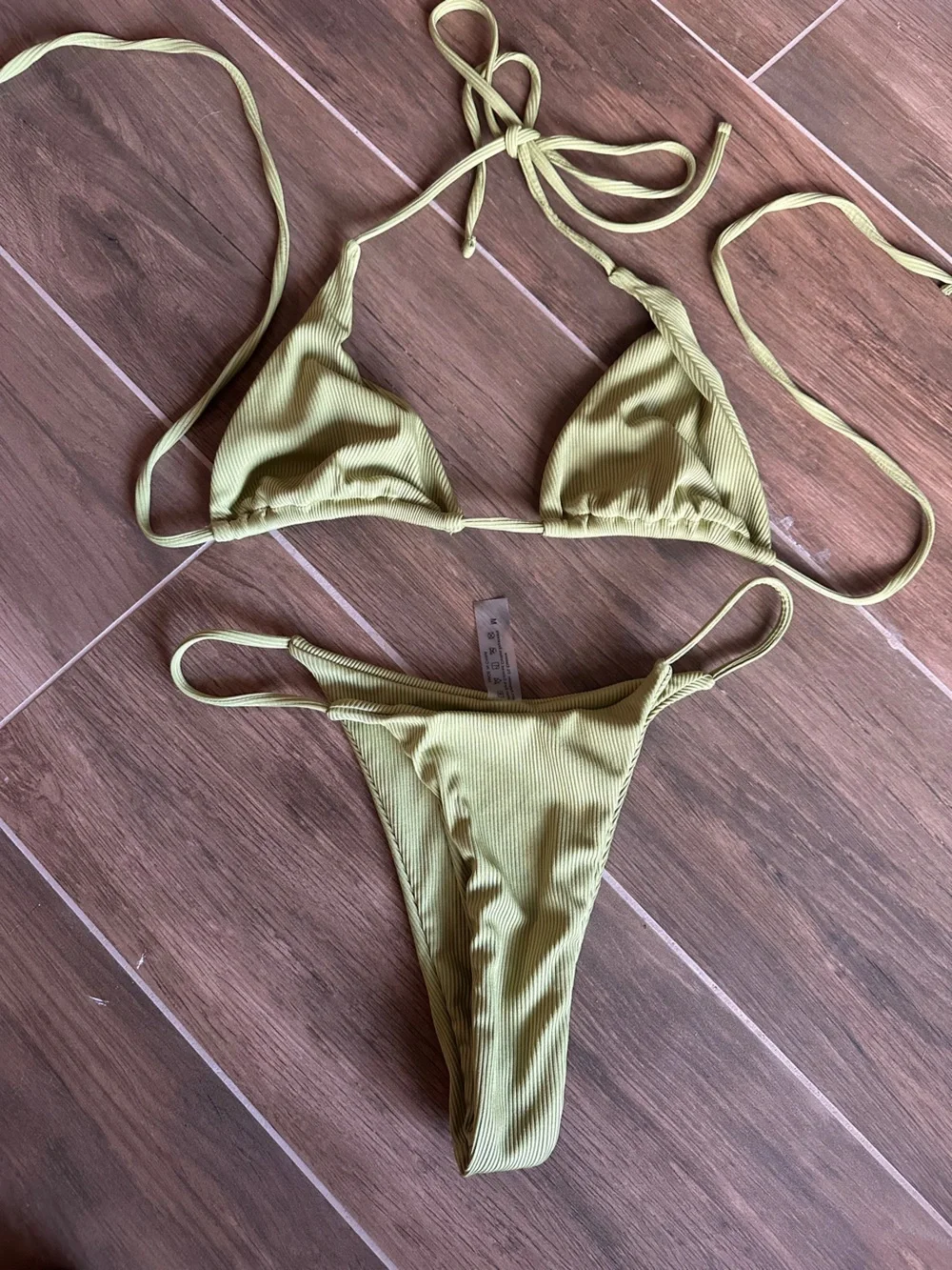 Olive Green Ribbed Triangle Bikini Set Size M